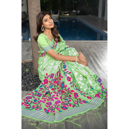 pkrkart Women's Cotton Printed Saree With Unstitched Blouse (Green, 5-6 Mtrs)