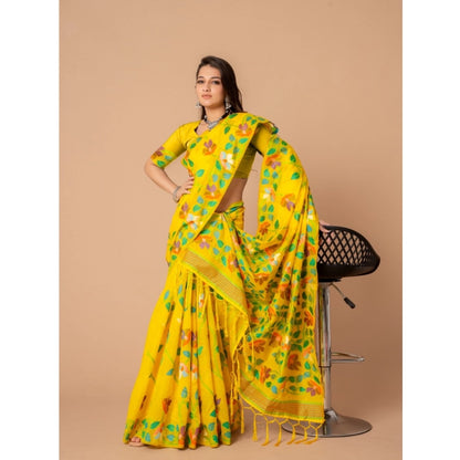 pkrkart Women's Cotton Printed Saree With Unstitched Blouse (Yellow, 5-6 Mtrs)