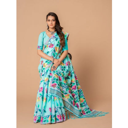 pkrkart Women's Cotton Printed Saree With Unstitched Blouse (Sky Blue, 5-6 Mtrs)