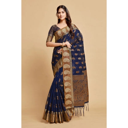 pkrkart Women's Chanderi Cotton Printed Saree With Unstitched Blouse (Navy Blue, 5-6 Mtrs)