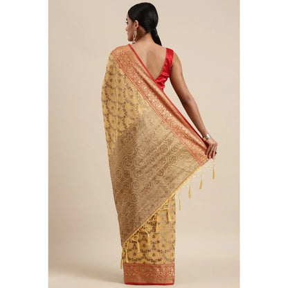 pkrkart Women's Chanderi Cotton Printed Saree With Unstitched Blouse (Yellow, 5-6 Mtrs)