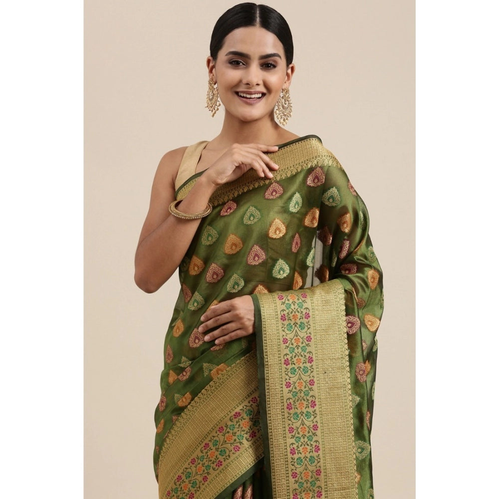 pkrkart Women's Organza Printed Saree With Unstitched Blouse (Mahendi, 5-6 Mtrs)