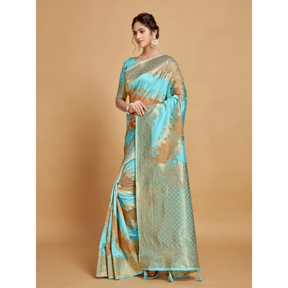 pkrkart Women's Linen Printed Saree With Unstitched Blouse (Sky Blue, 5-6 Mtrs)