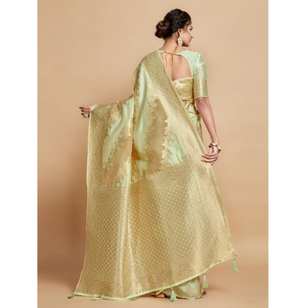 pkrkart Women's Linen Printed Saree With Unstitched Blouse (Pista, 5-6 Mtrs)
