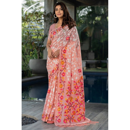 pkrkart Women's Cotton Printed Saree With Unstitched Blouse (Peach, 5-6 Mtrs)