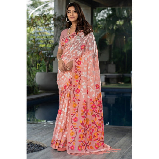 pkrkart Women's Cotton Printed Saree With Unstitched Blouse (Peach, 5-6 Mtrs)