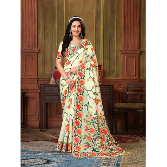 pkrkart Women's Organza Printed Saree With Unstitched Blouse (White, 5-6 Mtrs)