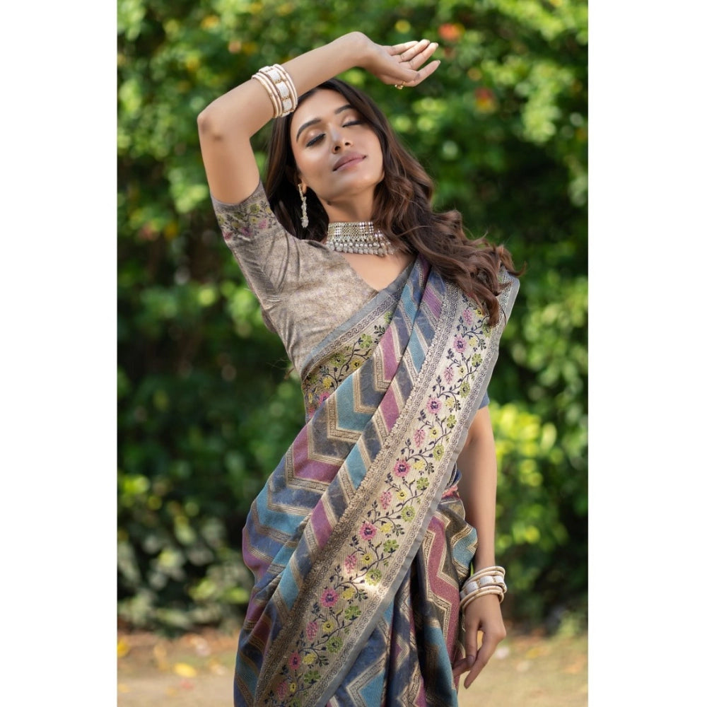 pkrkart Women's Organza Printed Saree With Unstitched Blouse (Teal, 5-6 Mtrs)