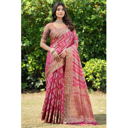 pkrkart Women's Organza Printed Saree With Unstitched Blouse (Pink, 5-6 Mtrs)