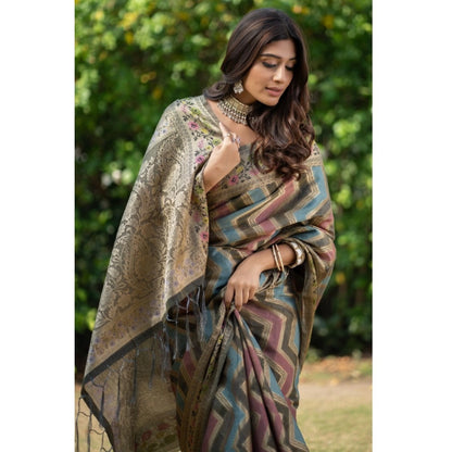pkrkart Women's Organza Printed Saree With Unstitched Blouse (Grey, 5-6 Mtrs)