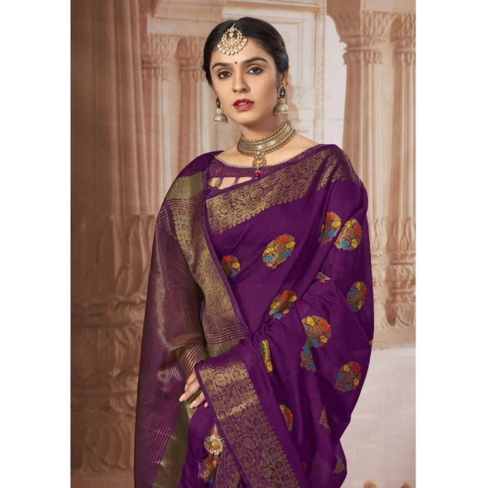 pkrkart Women's Chanderi Cotton Printed Saree With Unstitched Blouse (Purple, 5-6 Mtrs)