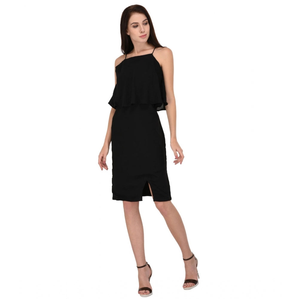 PKRKART Women's Cotton Blend Solid Sleeveless Dress (Black)