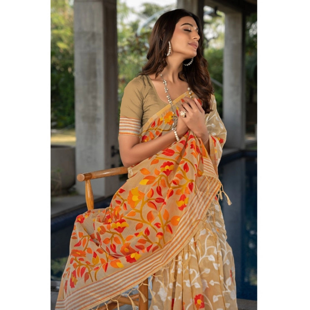 pkrkart Women's Cotton Printed Saree With Unstitched Blouse (Beige, 5-6 Mtrs)