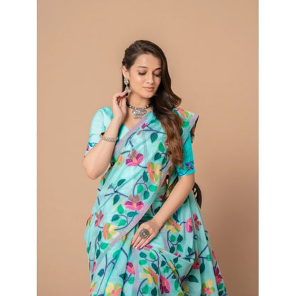pkrkart Women's Cotton Printed Saree With Unstitched Blouse (Sky Blue, 5-6 Mtrs)
