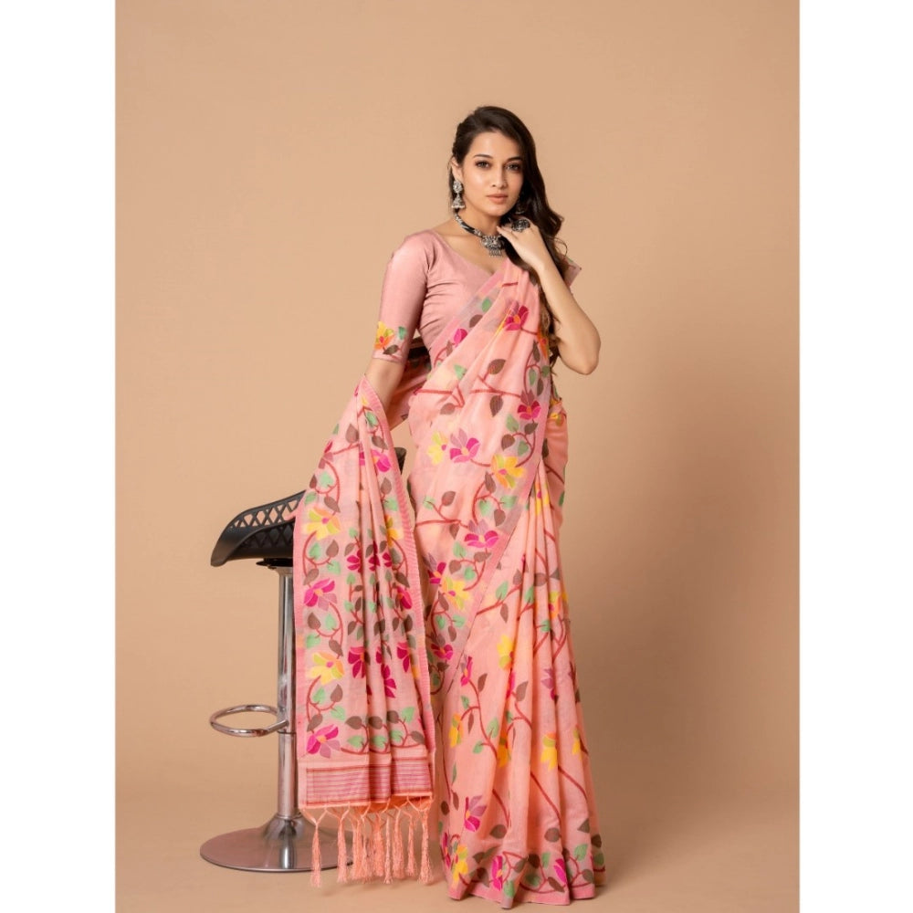 pkrkart Women's Cotton Printed Saree With Unstitched Blouse (Pink, 5-6 Mtrs)