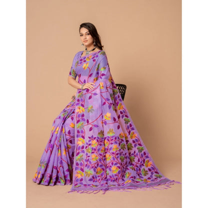 pkrkart Women's Cotton Printed Saree With Unstitched Blouse (Lavender, 5-6 Mtrs)