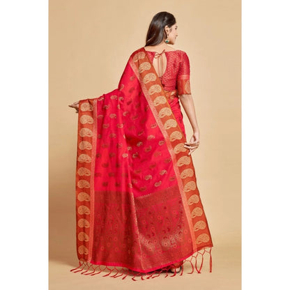 pkrkart Women's Chanderi Cotton Printed Saree With Unstitched Blouse (Pink, 5-6 Mtrs)