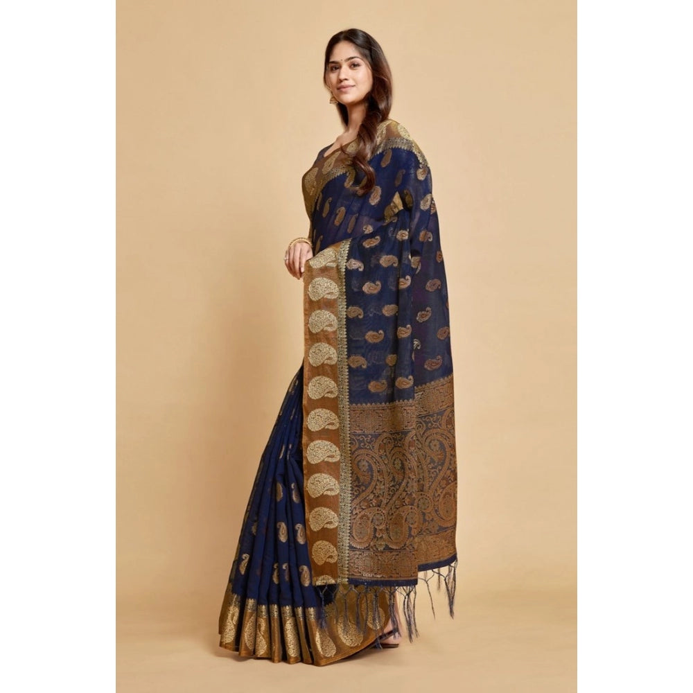 pkrkart Women's Chanderi Cotton Printed Saree With Unstitched Blouse (Navy Blue, 5-6 Mtrs)