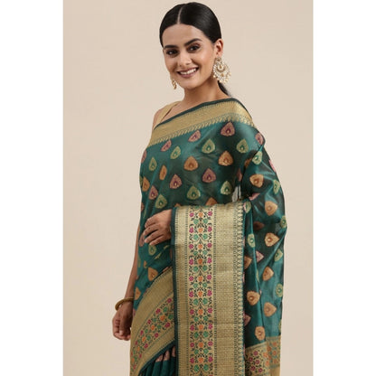pkrkart Women's Organza Printed Saree With Unstitched Blouse (Sea Green, 5-6 Mtrs)