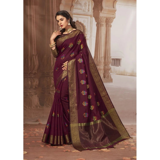 pkrkart Women's Chanderi Cotton Printed Saree With Unstitched Blouse (Maroon, 5-6 Mtrs)