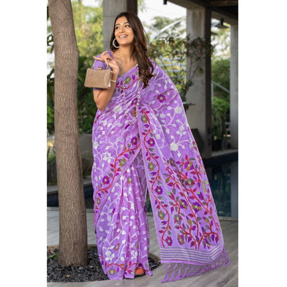 pkrkart Women's Cotton Printed Saree With Unstitched Blouse (Lavender, 5-6 Mtrs)