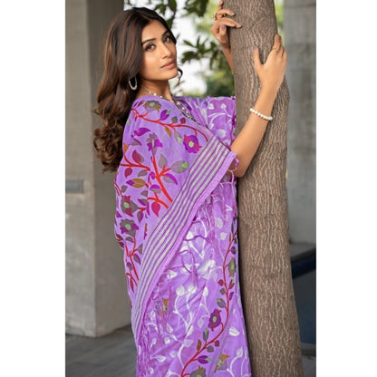 pkrkart Women's Cotton Printed Saree With Unstitched Blouse (Lavender, 5-6 Mtrs)