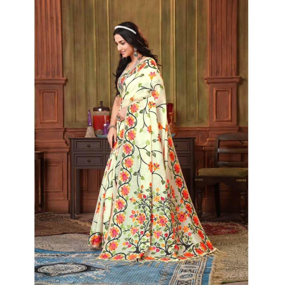 pkrkart Women's Organza Printed Saree With Unstitched Blouse (White, 5-6 Mtrs)