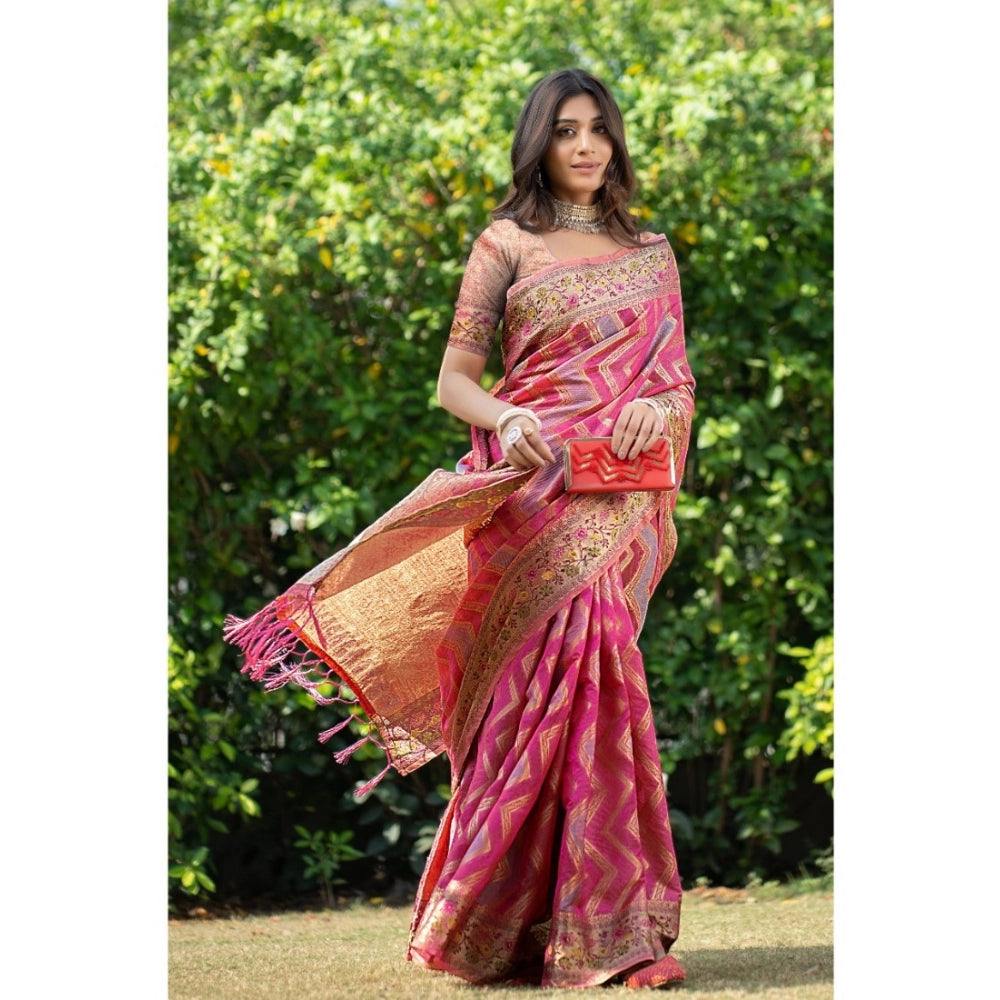 pkrkart Women's Organza Printed Saree With Unstitched Blouse (Pink, 5-6 Mtrs)