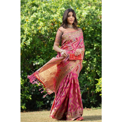 pkrkart Women's Organza Printed Saree With Unstitched Blouse (Pink, 5-6 Mtrs)