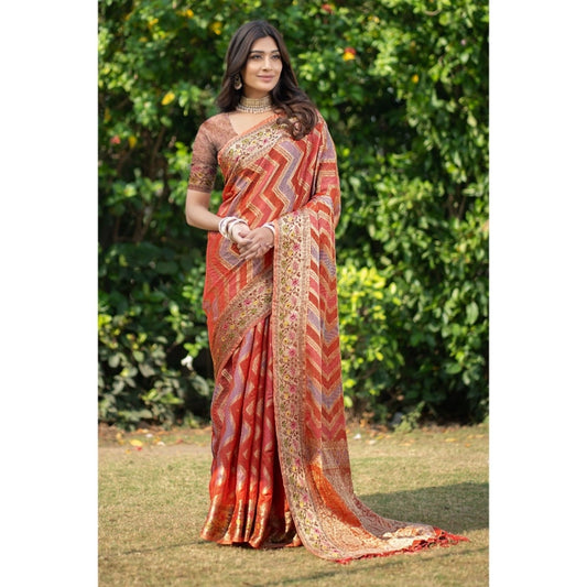 pkrkart Women's Organza Printed Saree With Unstitched Blouse (Orange, 5-6 Mtrs)