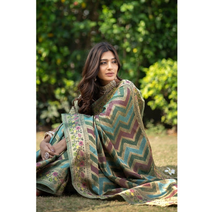 pkrkart Women's Organza Printed Saree With Unstitched Blouse (Green, 5-6 Mtrs)