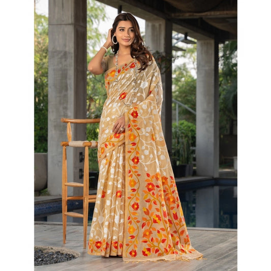 pkrkart Women's Cotton Printed Saree With Unstitched Blouse (Beige, 5-6 Mtrs)