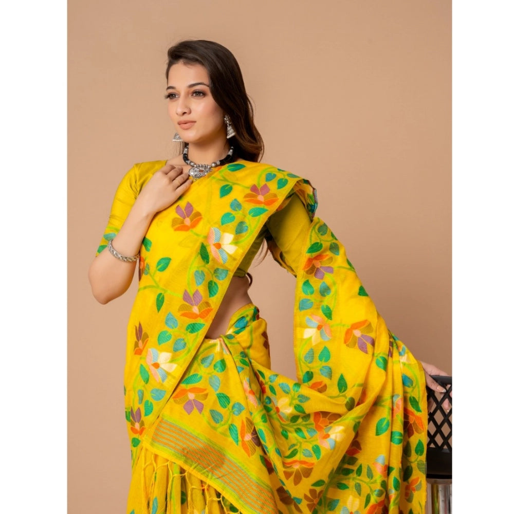 pkrkart Women's Cotton Printed Saree With Unstitched Blouse (Yellow, 5-6 Mtrs)