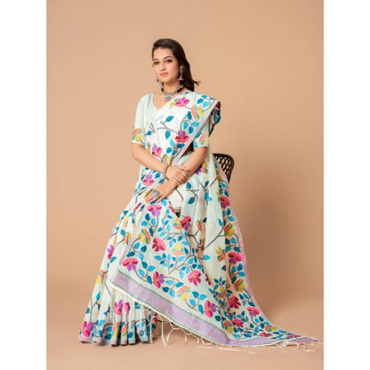pkrkart Women's Cotton Printed Saree With Unstitched Blouse (White, 5-6 Mtrs)