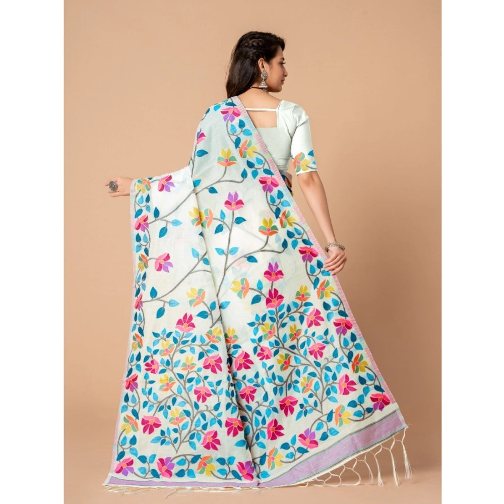 pkrkart Women's Cotton Printed Saree With Unstitched Blouse (White, 5-6 Mtrs)