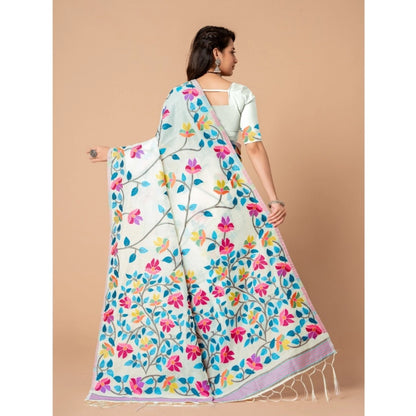 pkrkart Women's Cotton Printed Saree With Unstitched Blouse (White, 5-6 Mtrs)