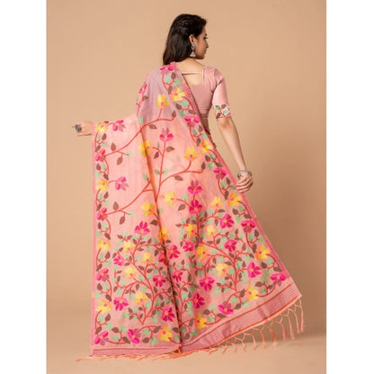 pkrkart Women's Cotton Printed Saree With Unstitched Blouse (Pink, 5-6 Mtrs)