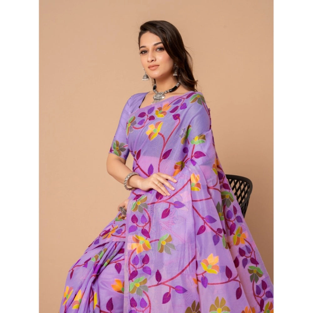 pkrkart Women's Cotton Printed Saree With Unstitched Blouse (Lavender, 5-6 Mtrs)