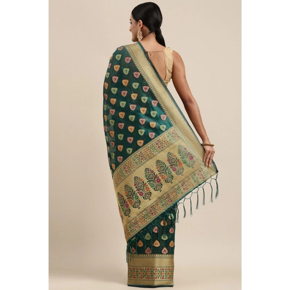 pkrkart Women's Organza Printed Saree With Unstitched Blouse (Sea Green, 5-6 Mtrs)
