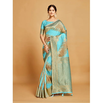 pkrkart Women's Linen Printed Saree With Unstitched Blouse (Sky Blue, 5-6 Mtrs)