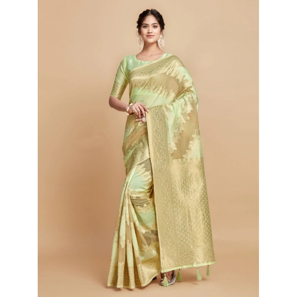 pkrkart Women's Linen Printed Saree With Unstitched Blouse (Pista, 5-6 Mtrs)