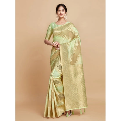 pkrkart Women's Linen Printed Saree With Unstitched Blouse (Pista, 5-6 Mtrs)