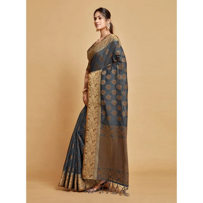 pkrkart Women's Chanderi Cotton Printed Saree With Unstitched Blouse (Grey, 5-6 Mtrs)