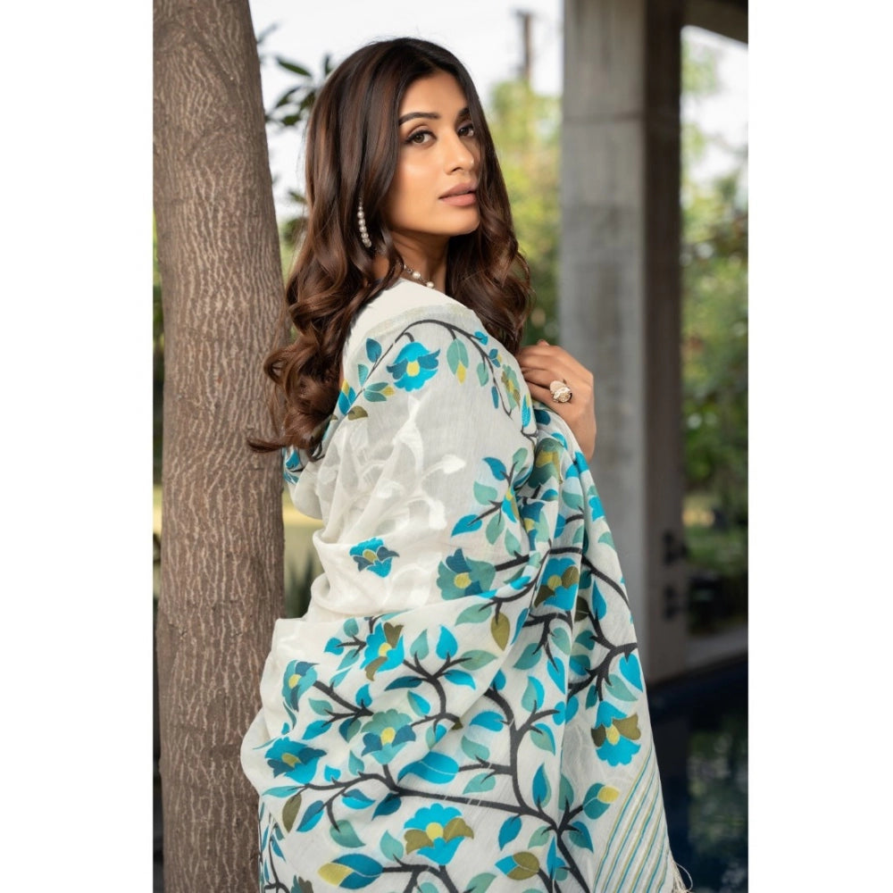 pkrkart Women's Cotton Printed Saree With Unstitched Blouse (White, 5-6 Mtrs)