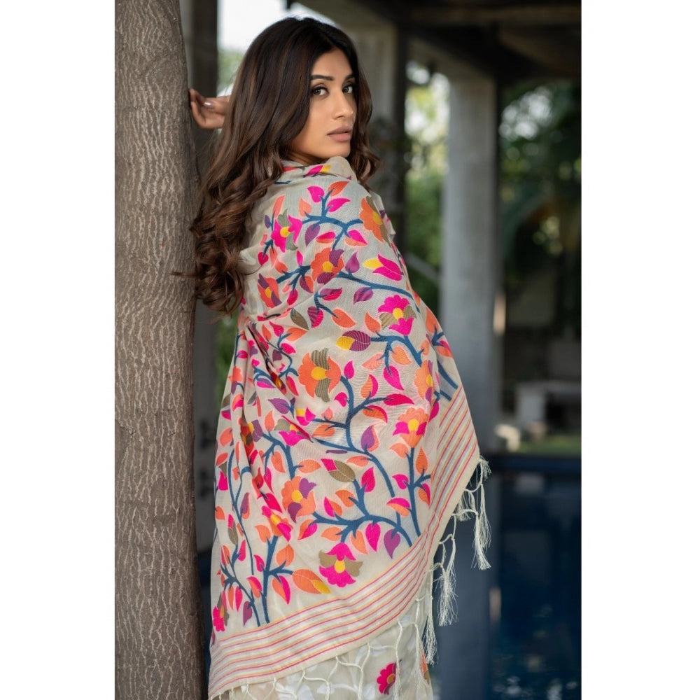 pkrkart Women's Cotton Printed Saree With Unstitched Blouse (Off-White, 5-6 Mtrs)