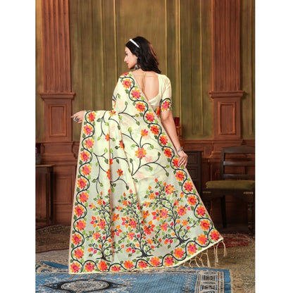 pkrkart Women's Organza Printed Saree With Unstitched Blouse (White, 5-6 Mtrs)
