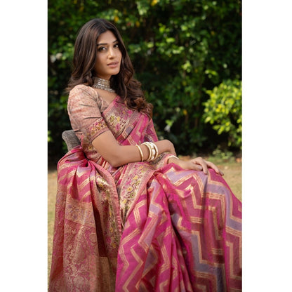 pkrkart Women's Organza Printed Saree With Unstitched Blouse (Pink, 5-6 Mtrs)