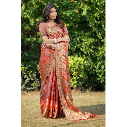 pkrkart Women's Organza Printed Saree With Unstitched Blouse (Orange, 5-6 Mtrs)