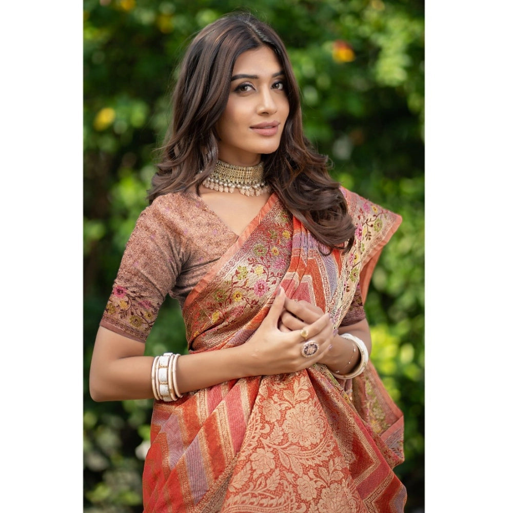 pkrkart Women's Organza Printed Saree With Unstitched Blouse (Orange, 5-6 Mtrs)