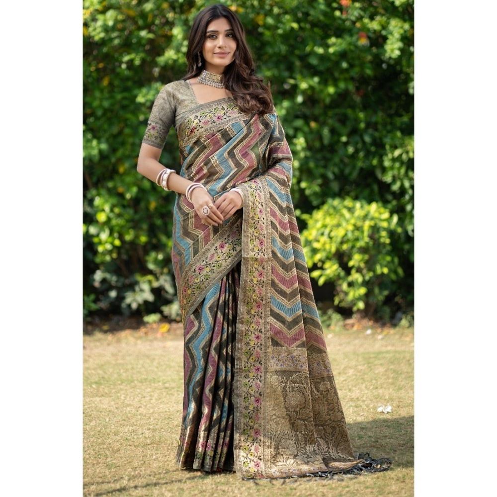 pkrkart Women's Organza Printed Saree With Unstitched Blouse (Grey, 5-6 Mtrs)